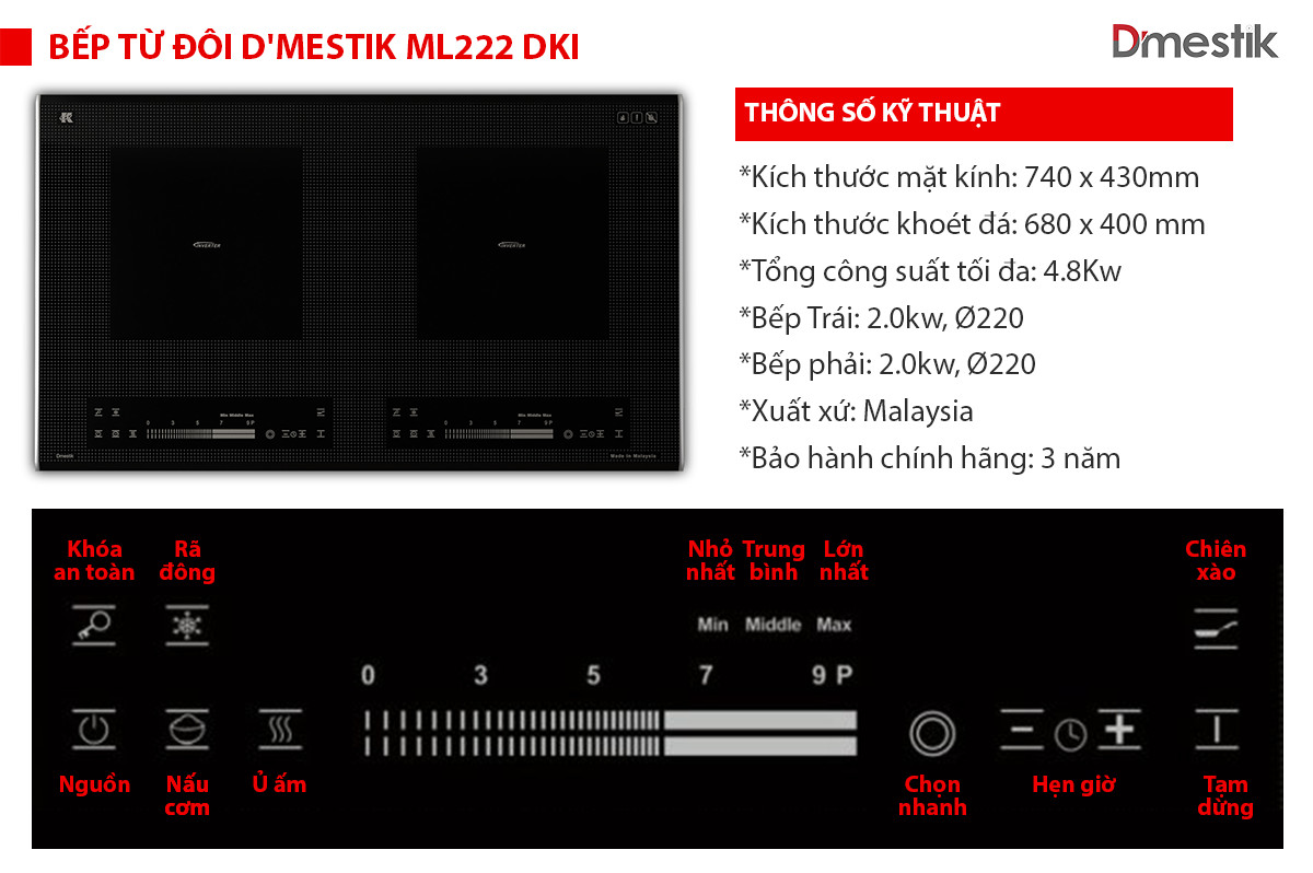 BẾP TỪ ĐÔI D'MESTIK ML222 DKI ( Bo viền )